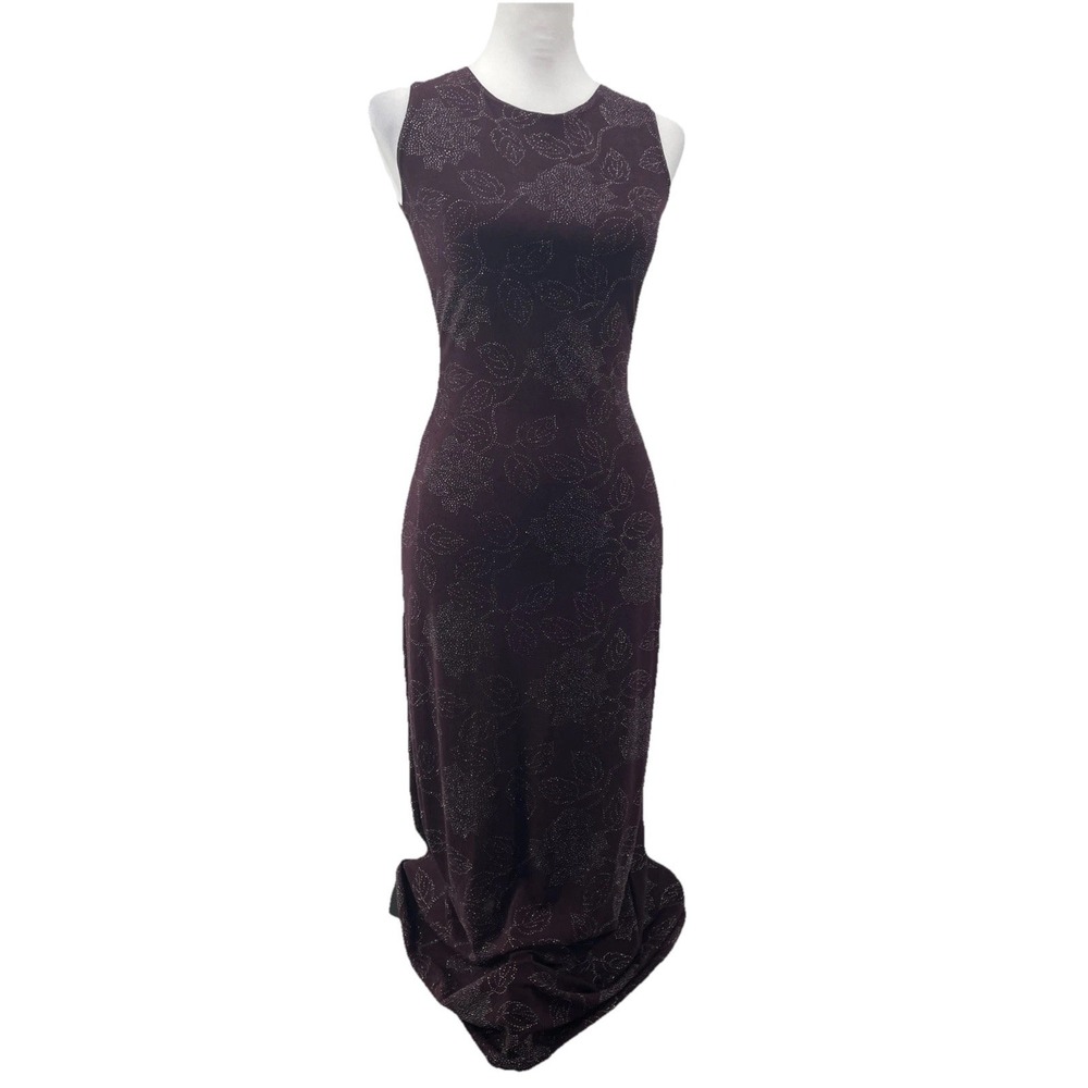 Vintage Y2K Jalate Maxi Dress Small** Maroon Sparkle Floral Party 90's Slinky‎